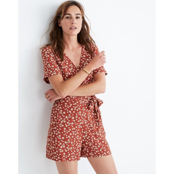 NEW Madewell Wrap-Front Romper in Orange Daisy Print - Picture 1 of 6